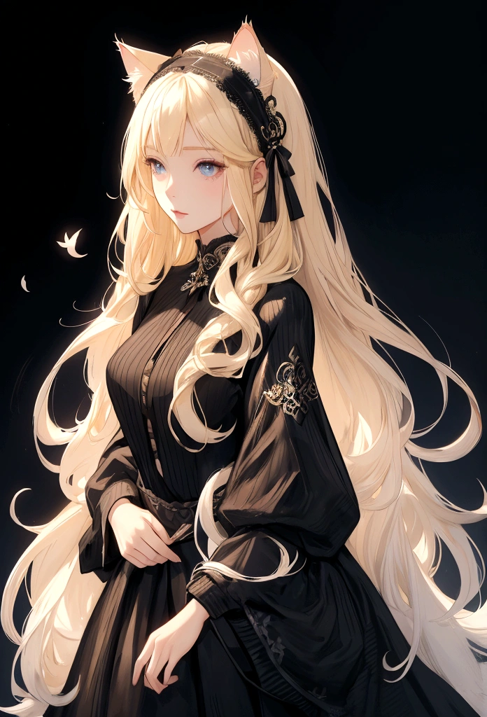 Full-length portrait of a woman with long blonde hair、Black knitted dress、Background white、Cat ears headband、