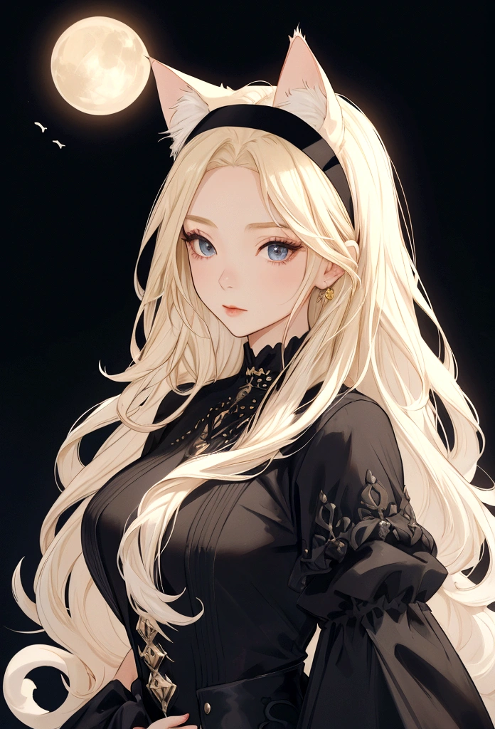Full-length portrait of a woman with long blonde hair、Black knitted dress、Background white、Cat ears headband、