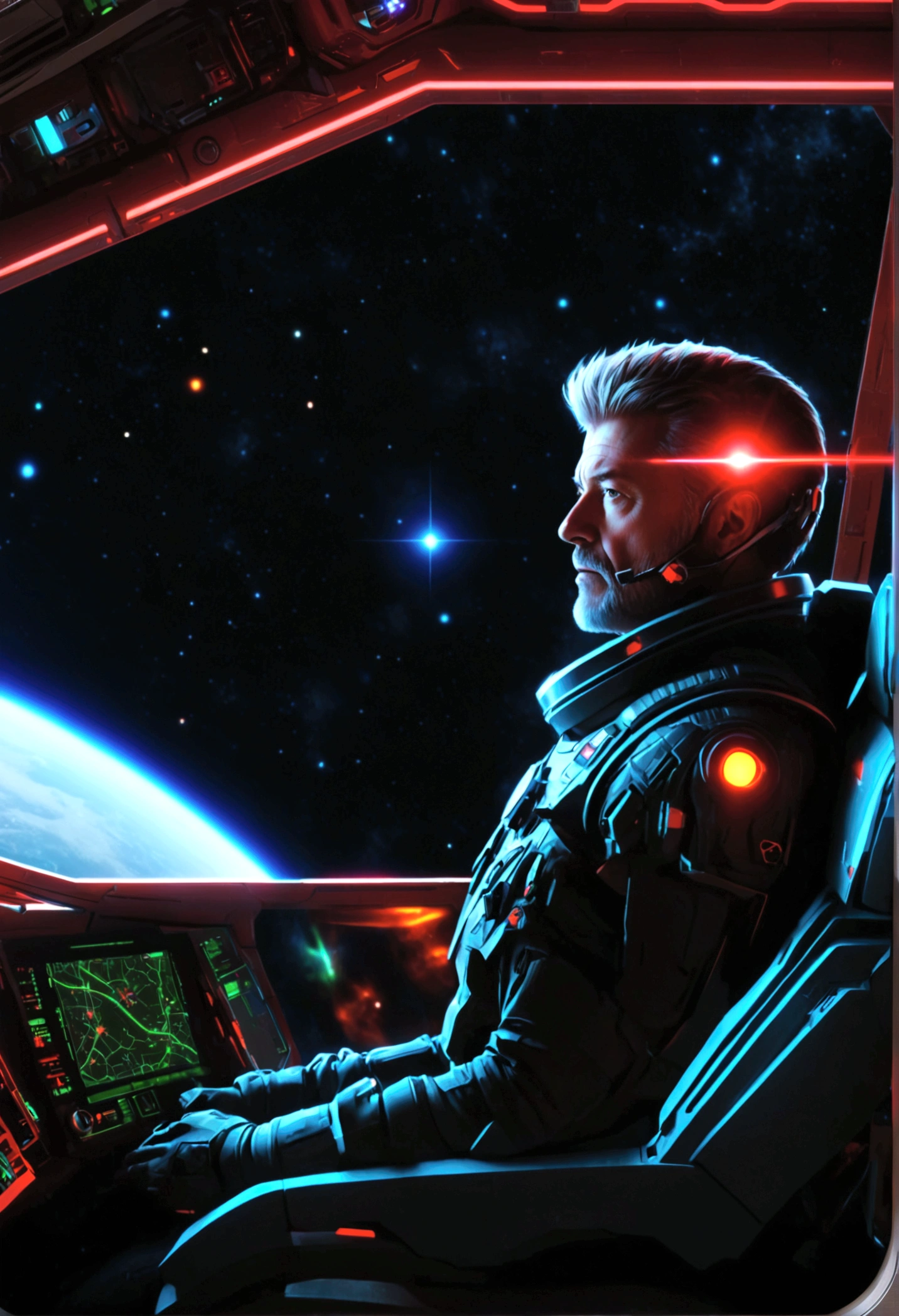 Sci-fi world，A middle-aged man，High-quality graphics，MasterpieceBREAKAlien，Space War，Strategic Base，Cockpit，brave warrior，laser weapon