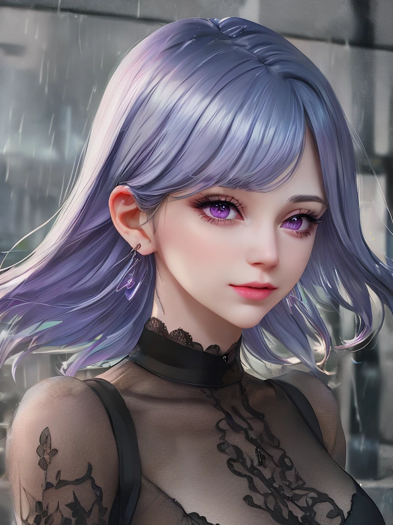 rain,Beauty,High nose,Long eyelashes,目にLight,Pink Lips,Closed Mouth,pastel colour,purple,Dull pink,Dull Blue,heart,Bobcut,Light,Strong winds,Fluttering Hair,Earrings,Smoke a cigarette,bad,cigarette,目にLight,Black Dress,Black lace,Black Hair,Inner color hair