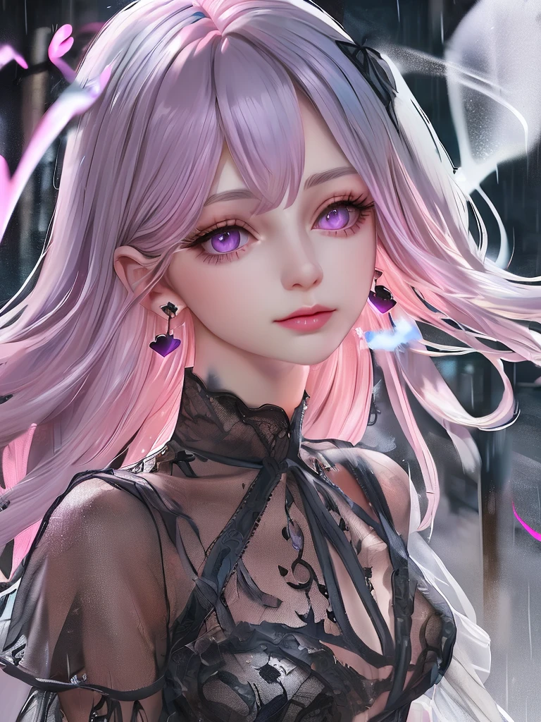 rain,Beauty,High nose,Long eyelashes,目にLight,Pink Lips,Closed Mouth,pastel colour,purple,Dull pink,Dull Blue,heart,Bobcut,Light,Strong winds,Fluttering Hair,Earrings,Smoke a cigarette,bad,cigarette,目にLight,Black Dress,Black lace,Black Hair,Inner color hair