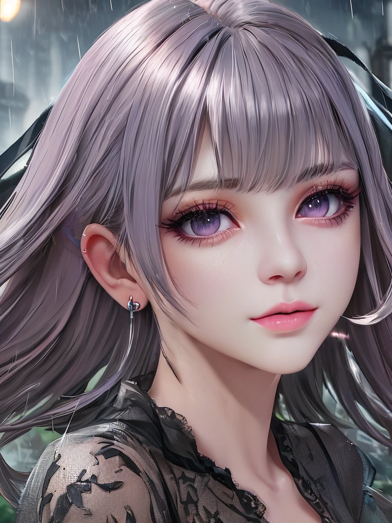 rain,Beauty,High nose,Long eyelashes,目にLight,Pink Lips,Closed Mouth,pastel colour,purple,Dull pink,Dull Blue,heart,Bobcut,Light,Strong winds,Fluttering Hair,Earrings,Smoke a cigarette,bad,cigarette,目にLight,Black Dress,Black lace,Black Hair,Inner color hair