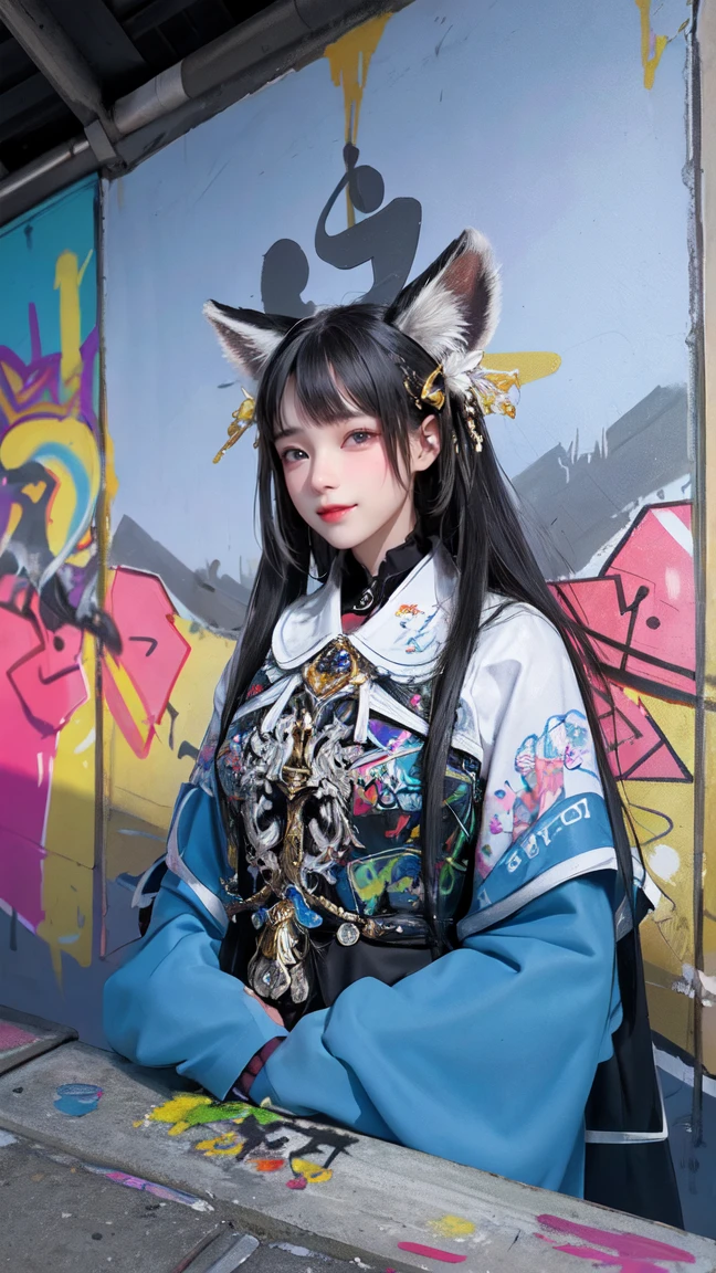 (highest quality), masterpiece, Extremely detailed CG8K illustration painting, high collar, Extremely high collar saturation, all colors become darker, painting, graffiti art, center composition, Highly detailed light and shadow, graffiti wall, the walls are painted in bright colors, One girl's graffiti One girl is looking at the wall, The face and eyes are very detailed., medium length hair, Transparent sportswear, colorful clouds、open sportswear、