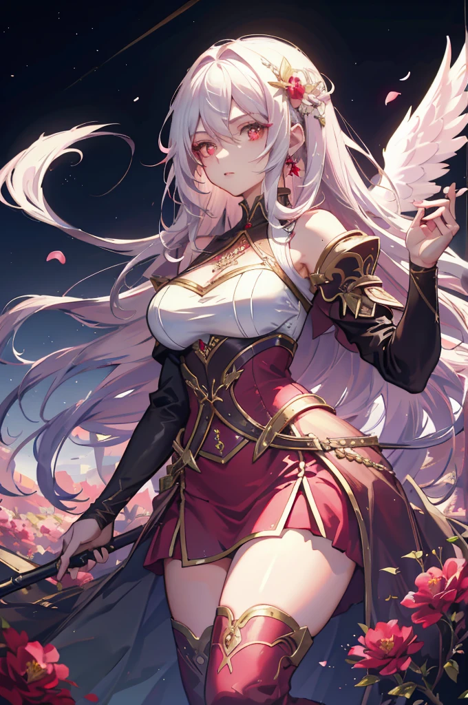 (very delicate, Masterpiece, Excellent lighting and shadows, HD wallpaper 8K), woman, , white hair, red eyes, has large angel wings, wide hips, Medium bust, Big eyes, pink cheeks, plump lips, wearing a goddess costume, The cloth fluttered in the wind., Long fabric, holding a long spear of light, on the rooftop, among the flowers, Bright tone, There is a gold tattoo on his right arm..