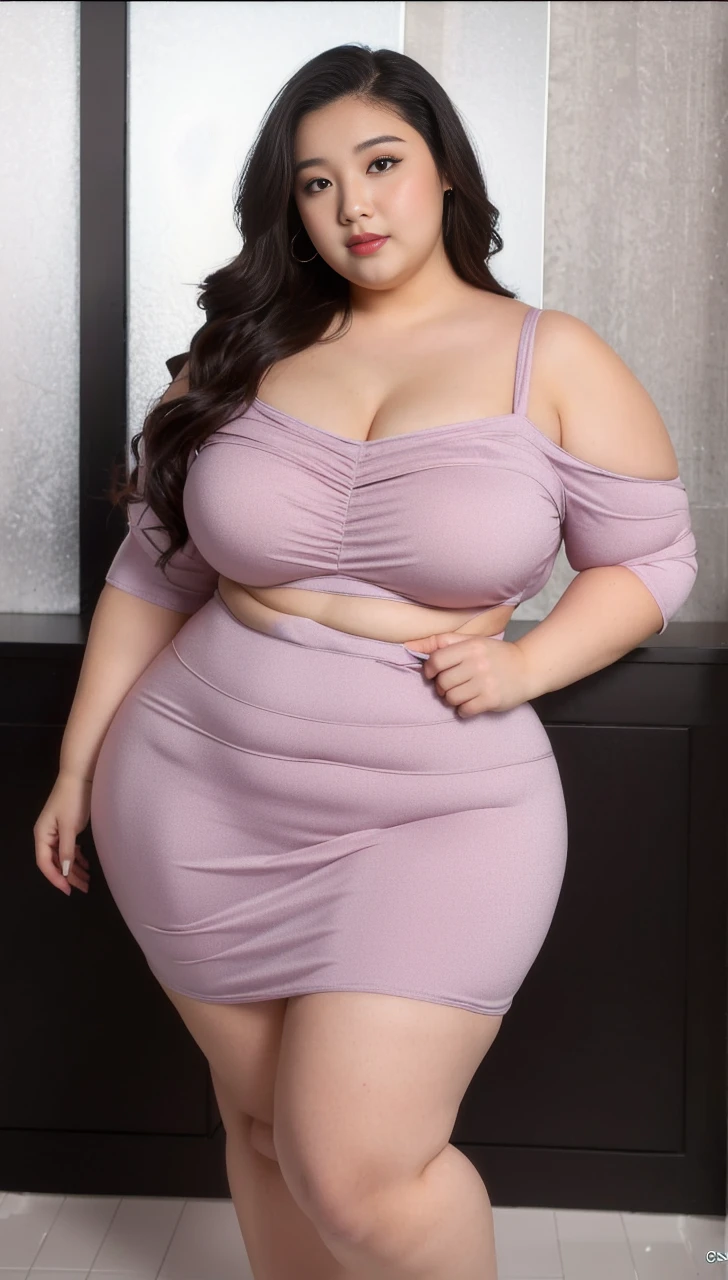 ((best quality)), ((masterpiece)), (detailed), perfect face, araffeTight skirtsShort , thicc, wavy short hair, she has a jiggly fat round belly, bbwchan, wearing tight simple clothes, skinny waist and thick hips, widest hips, her belly is fat and round, soft curvy shape, hyperrealistic full figure, wearing a cute top, wide hips, Blue swimsuit,On the beach by the seaBlue