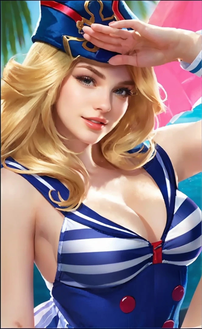 This is an image of a cartoon woman in a blue and white striped bikini.