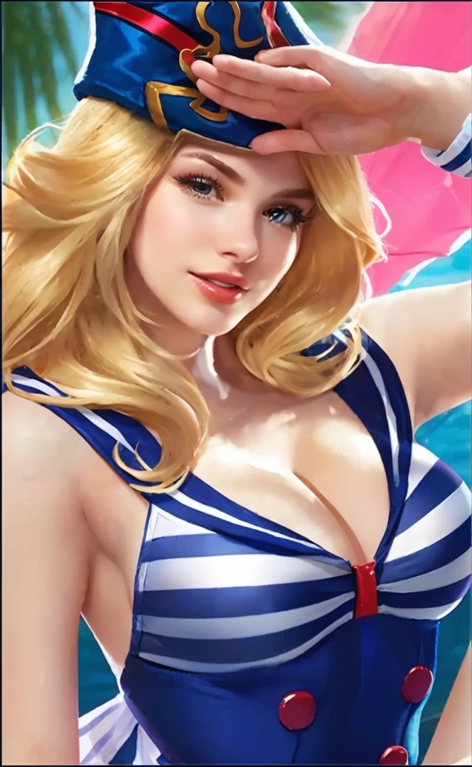 This is an image of a cartoon woman in a blue and white striped bikini.