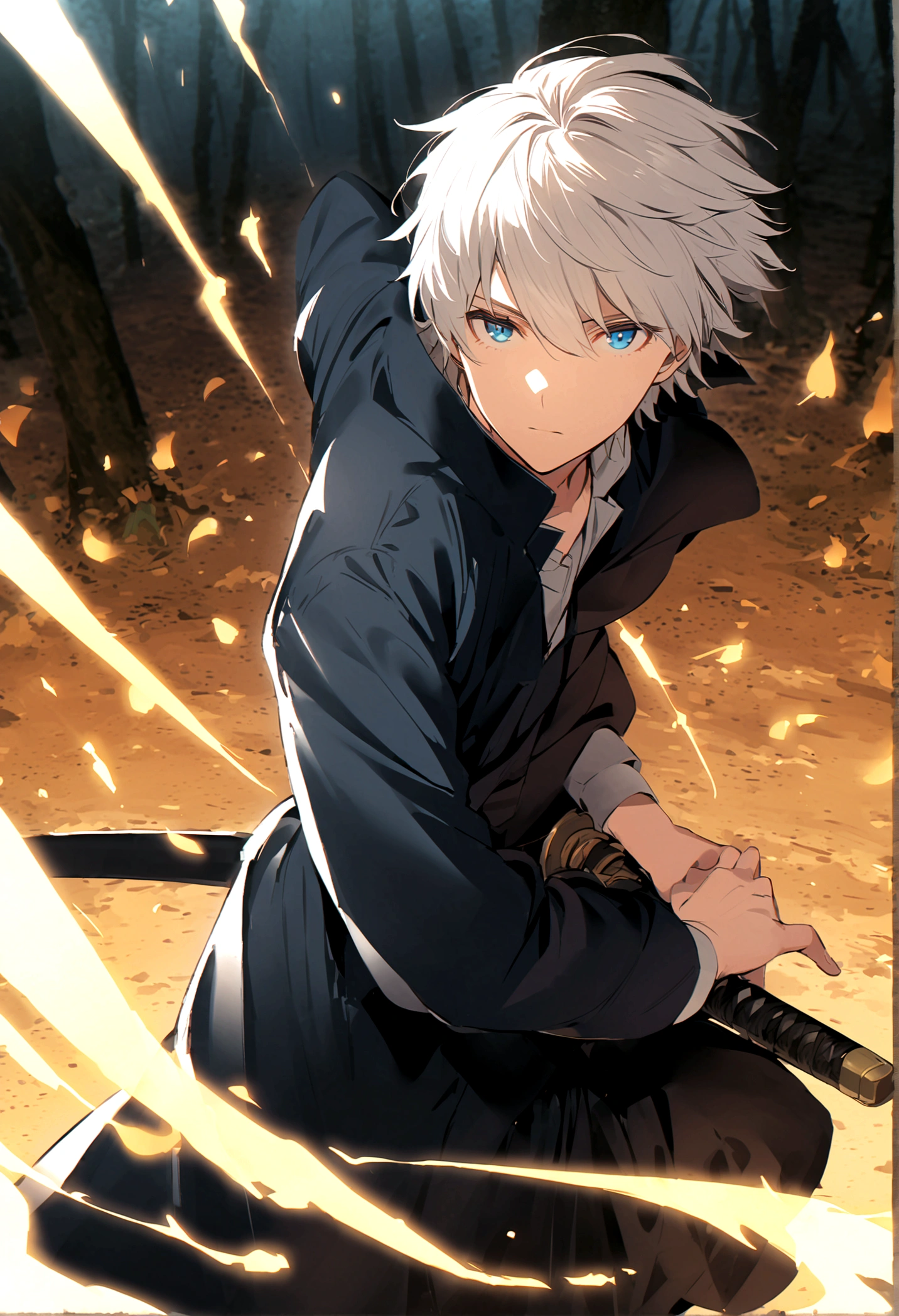 A white hair anime boy in his 20s with White hair and blue eyes wearing a blue shirt with a tall black coat design with glowing blue flames wearing black jeans and holding a katana in his hand with blue mixed with yellow flames as he's in a forest at night