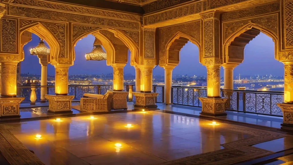 Late at night, Scheherizade&#39;s Persian Bedroom, Beautiful Arabian Balcony, Beautiful pillars, vase, Arabian pattern, Evening Light, Arabian Art, A lavishly decorated Turkish palace, Beautiful Art UHD 4K, Arabic architecture with columns and vase, Beautiful views, Orientalist painting, Islamic Interior Design, Beautiful high resolution, beautiful place, Oriental landscapes, Arabian Nights Style 1001 Nights, Great background, Beautiful aesthetics