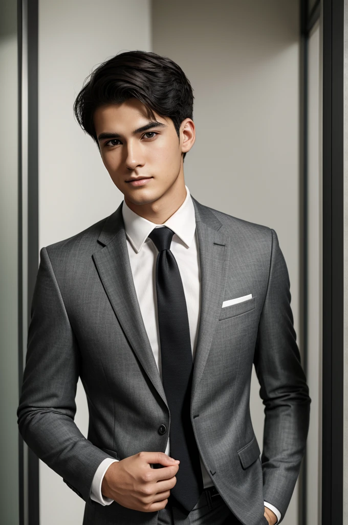 24-year-old boy, Warm skin, grey eyes, mature face, head portrait, Short black hair, facial focus, adult, Business suit, Jacket, White shirt, a tie, pants, best quality, Facial details.