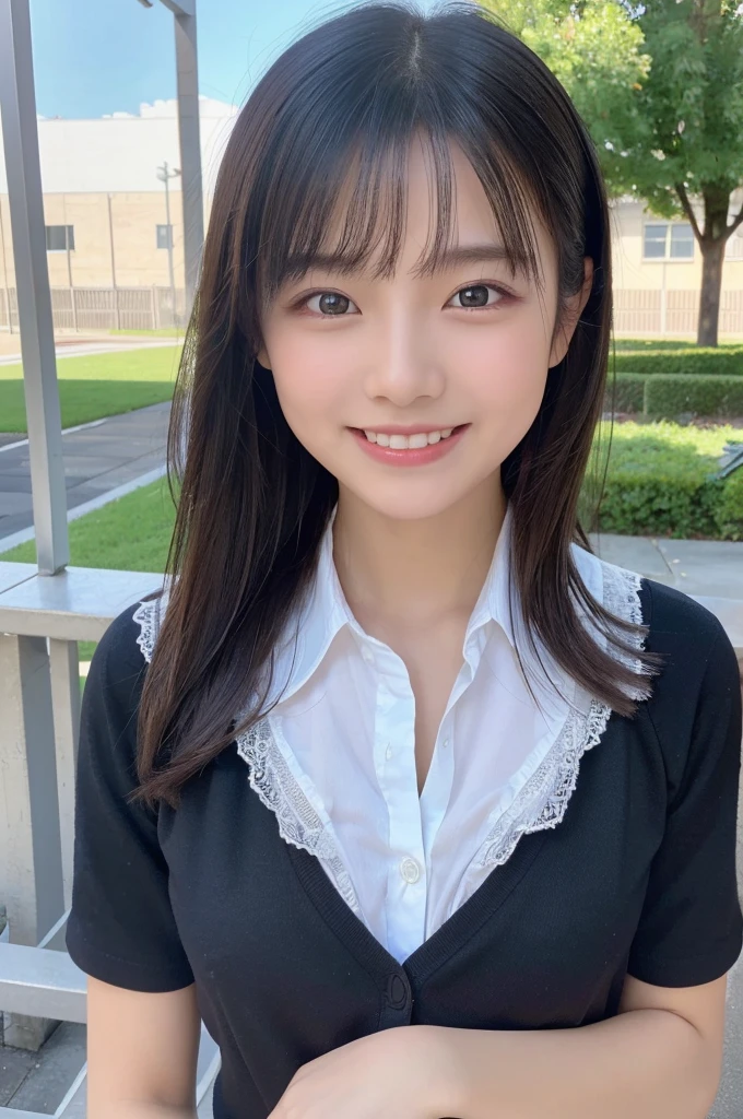 (Highest quality,8K quality,masterpiece:1.3),(超A high resolution,Photorealistic:1.4,RAW Photos),(Very detailed,Caustics,Detailed Background),(Ultra-Realistic Capture,Fine and beautiful skin,Perfect Anatomy),Daytime,School,Schoolyard,18-year-old,cute,single eyelid,Black Hair,Schoolのブレザーの制服,Laughter,Bust up shot,Natural soft light,photorealistic,I can see your feet,b-cup,Erotic,cute下着,I can see your underwear