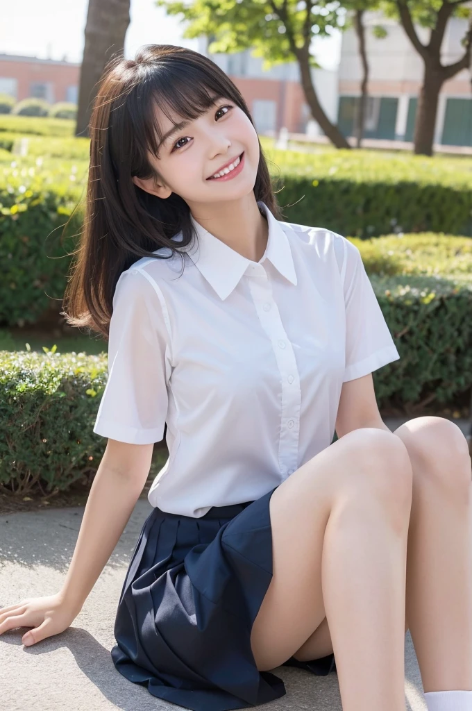 (Highest quality,8K quality,masterpiece:1.3),(超A high resolution,Photorealistic:1.4,RAW Photos),(Very detailed,Caustics,Detailed Background),(Ultra-Realistic Capture,Fine and beautiful skin,Perfect Anatomy),Daytime,School,Schoolyard,18-year-old,cute,single eyelid,Black Hair,Schoolのブレザーの制服,Laughter,Bust up shot,Natural soft light,photorealistic,I can see your feet,b-cup,Erotic,cute下着,I can see your underwear