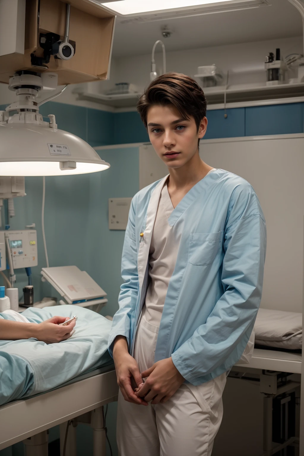 A beautiful young male twink with a face with reddish makeup. He has black hair. He is wearing a long-sleeved white shirt and aqua blue pants. He is in the surgical operating room, working as a surgical genius. Behind him are medical devices and medical tools, and an autopsy on a corpse on a medical bed.