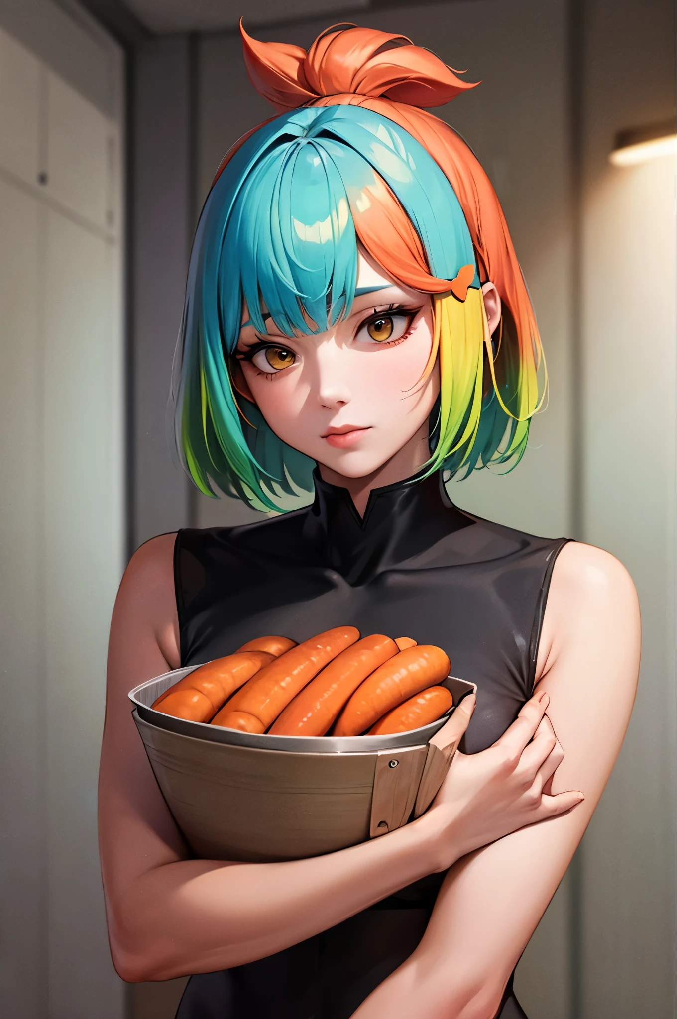 Multicolored Hair, Gradient Hair, carrot hair ornament, Amber Eyes, High detail, Verism, Hyperrealism, modern art, Cinema Lighting, Shine, Wide Shot, debt/1.2, Highest quality, Awards, 8K, Super detailed, Ultra-high resolution