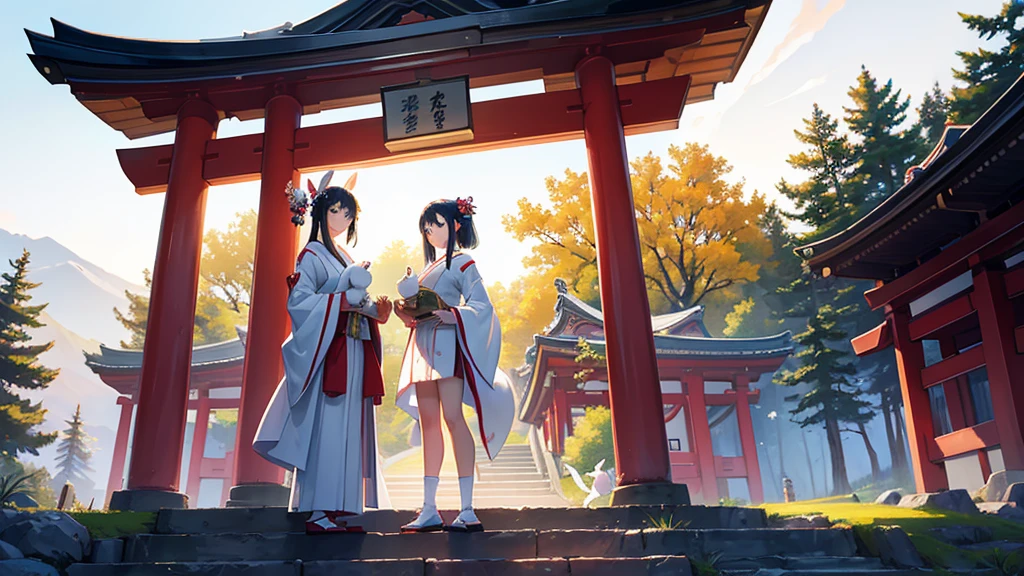 "Top quality masterpiece, Portrait of a beautiful Japanese shrine maiden holding a pure white rabbit, With the shrine's torii gate in the background、Smiling and looking at you. This photo captures a shallow depth of field and perfect lighting., clear, Sparkling atmosphere, Seasonal flowers々Surrounded by. This image highlights the shrine maiden's perfect face., Embodying the essence of Japanese shrine maidens."