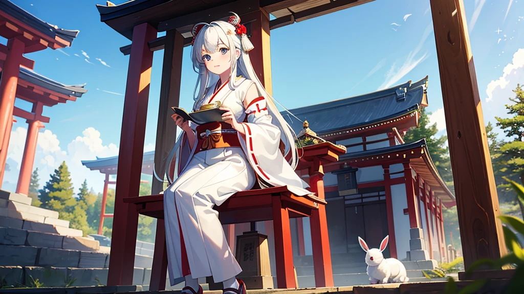 "Top quality masterpiece, Portrait of a beautiful Japanese shrine maiden holding a pure white rabbit, With the shrine's torii gate in the background、Smiling and looking at you. This photo captures a shallow depth of field and perfect lighting., clear, Sparkling atmosphere, Seasonal flowers々Surrounded by. This image highlights the shrine maiden's perfect face., Embodying the essence of Japanese shrine maidens."