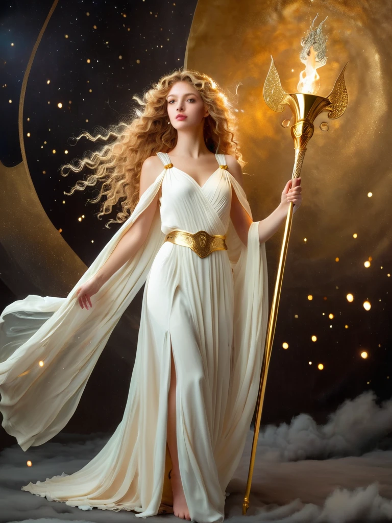 A divine young woman, with long golden blonde and curly hair wearing a long white dress with gold details, holding a huge scepter similar to that of the goddess Athena