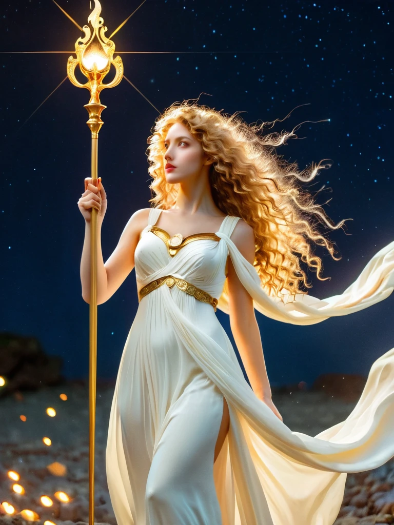 A divine young woman, with long golden blonde and curly hair wearing a long white dress with gold details, holding a huge scepter similar to that of the goddess Athena
