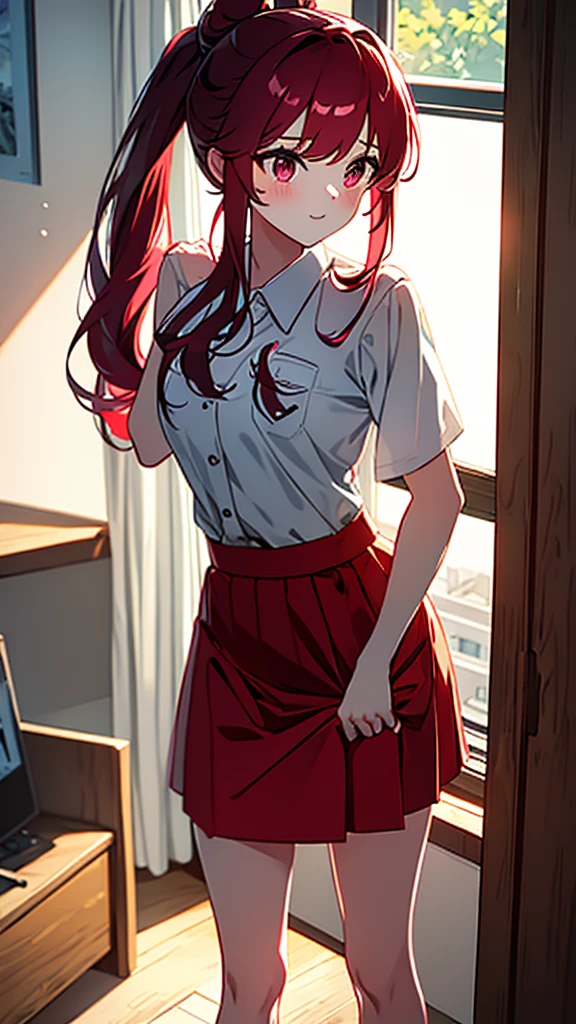 high tail hairstyle, Ponytail hairstyle, Long wavy black hair, standing posing, anime girl style, pixel art anime style,penetrating look with deep eyes,red and purple eyes, hair with a ponytail hairstyle trapped with a big red bun, Women, red hair clips, x color shaped hair clips , short white shirt, smooth receptionist miniskirt, smiling face blush, standing in his bedroom, next to his bed, receptionist clothes, lifting her skirt, grabbing her skirt with her hands to lift it up, letting her look at her underwear. 