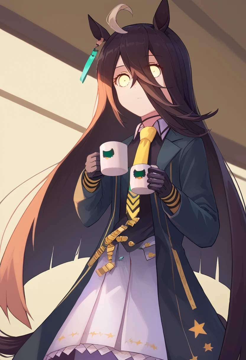 score_9, score_8_superior, score_7_superior, sauce_anime, evaluation_Safety, alone, One girl, Manhattan Cafe, Expressionless, View your viewers, Have a coffee mug, Ahoge, Black jacket, shirt, Yellow tie, Black gloves, skirt, pantyhose, Single earring, Horse tail 、