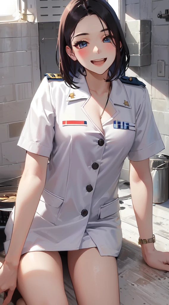 arafed woman in เครื่องแบบ posing for a picture in a kitchen, jk เครื่องแบบ, girl wearing เครื่องแบบ, full เครื่องแบบ, wearing military เครื่องแบบ, in เครื่องแบบ, เครื่องแบบ, female sailor เครื่องแบบs, wearing a military เครื่องแบบ, loose coat collar sailor เครื่องแบบ, army เครื่องแบบ, plain เครื่องแบบ sky at the back, nurse เครื่องแบบ, สวมชุดทหาร, military เครื่องแบบ, wearing dirty soldier เครื่องแบบ