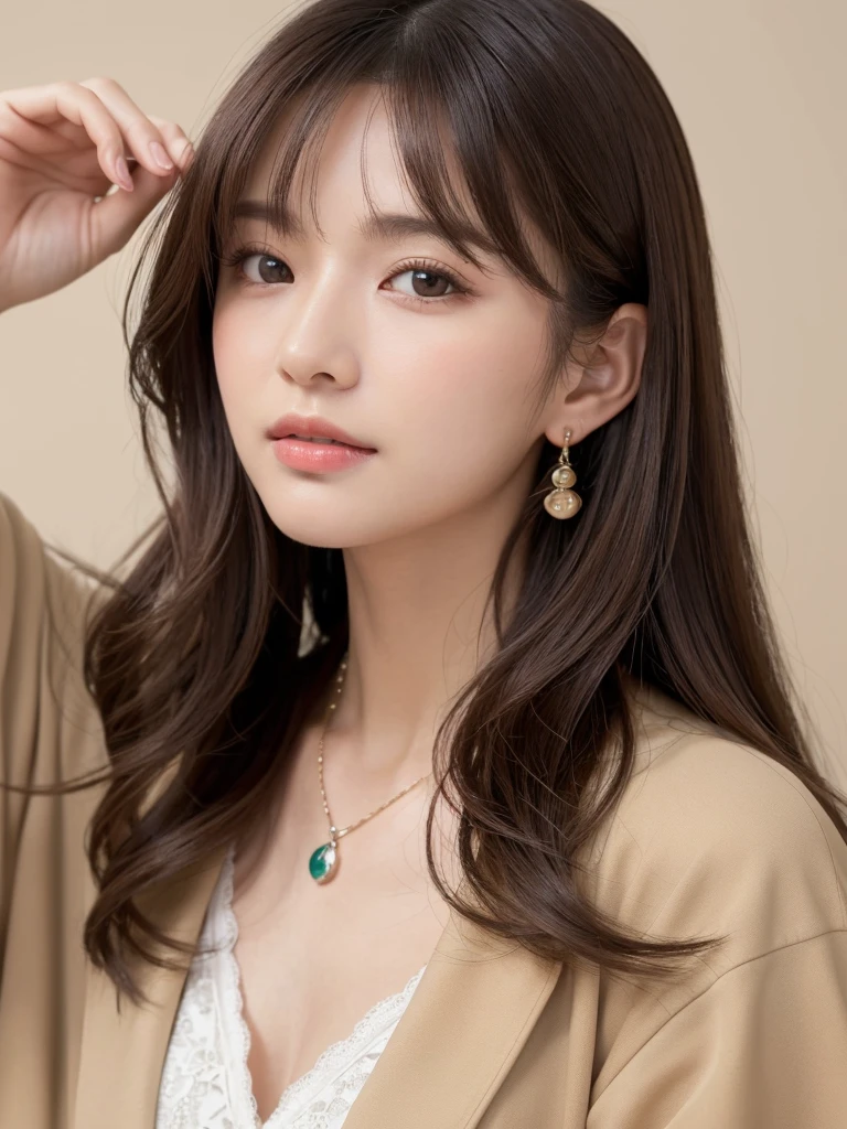  ((Highest quality, 8K, masterpiece:1.3)), concentrate: 1.2, Perfect body beauty: 1.4, Hips: 1.2, ((Long Hair, chest: 1.2)), (Dry clothes: 1.1) , (clear, Simple Background:1.3), Simple clothes: 1.1, Highly detailed face and skin texture,Delicate eyes, double eyelid, Whitened skin, Rough skin、Long Hair、Earrings with bangs、necklace、 solo、Beige coat、White shirt,  (((Beautiful girl with cute Japan)))、  ((Beautiful Japanese girl 20 years old))、 ((Baby Face))、 (((Slender body)))、  Upper Body，Face focus、necklace，Simple Background，From above， Realistic Hair、 A photograph was taken:Canon EOS R6、135mm、1/1250 seconds、f2.8、ISO400、(Detailed explanation of the hand)、(Masseter muscle area)、(Exquisite CG)、Long Hair, loose and curly hair、Korean Hair、Long Hair明るいベージュ色、グラデーションハイライトグレージュのゆるふわLong Hairスタイル、