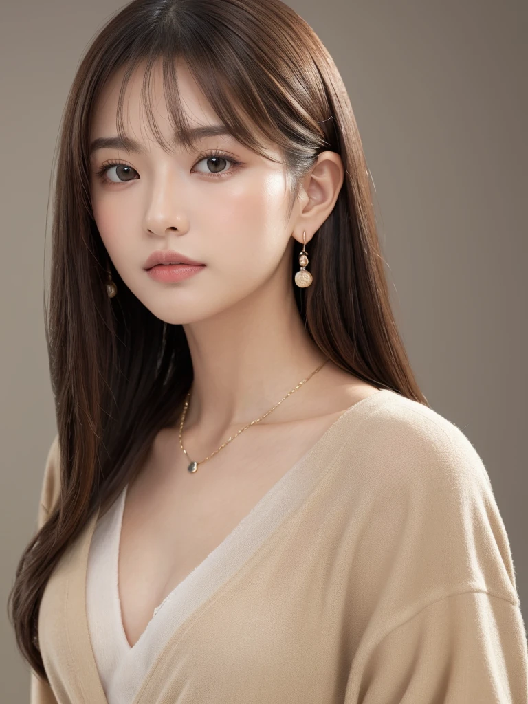 ((Highest quality, 8K, masterpiece:1.3)), concentrate: 1.2, Perfect body beauty: 1.4, Hips: 1.2, ((Long Hair, chest: 1.2)), (Dry clothes: 1.1) , (clear, Simple Background:1.3), Simple clothes: 1.1, Highly detailed face and skin texture,Delicate eyes, double eyelid, Whitened skin, Rough skin、Long Hair、Earrings with bangs、necklace、 solo、Beige coat、White shirt, (((Beautiful girl with cute Japan)))、 ((Beautiful Japanese girl 20 years old))、 ((Baby Face))、 (((Slender body)))、 Upper Body,Face focus、necklace,Simple Background,From above, Realistic Hair、 A photograph was taken:Canon EOS R6、135mm、1/1250 seconds、f2.8、ISO400、(Detailed explanation of the hand)、(Masseter muscle area)、(Exquisite CG)、Long Hair, loose and curly hair、Korean Hair、Long Hair明るいベージュ色、グラデーションハイライトグレージュのゆるふわLong Hairスタイル、