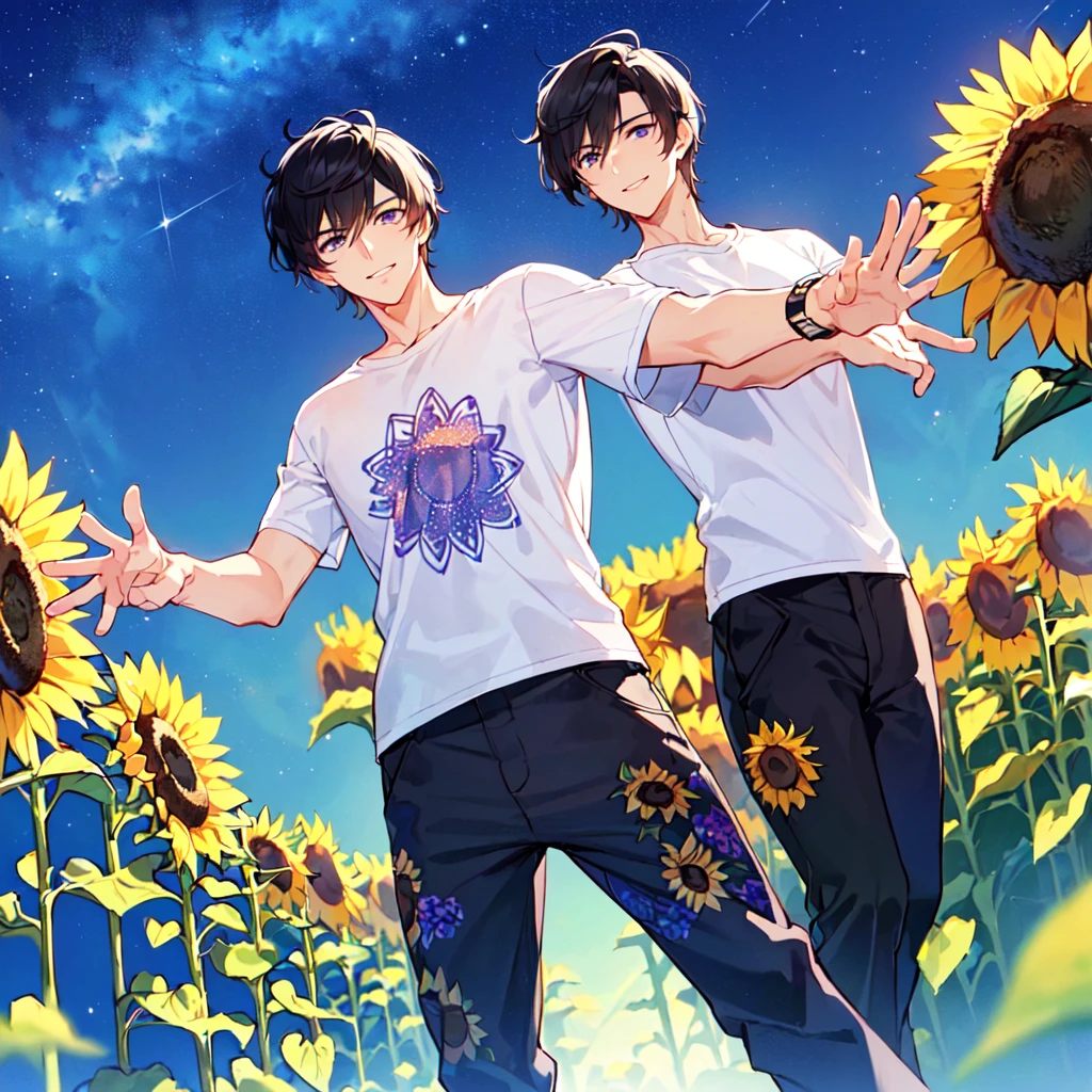 masterpiece,best quality,high quality,(1 male austere handsome solo adult age 30 years old:1.5), purple eyes, cool with suspended eyes, V-shaped eyebrows, body strong and fearless 8.5 head tall, height 185cm, (well-groomed black short hair down to neck:1.4), (bangs 7 thirds parted:1.4), slender nose, facial muscles, throat, (tee shirt with sunflower print summer fashion pants:1.3), (arms outstretched), (stylish pose), (cool smile:1.3), (background sunflower flower field:1.3), (night sky:1.3)