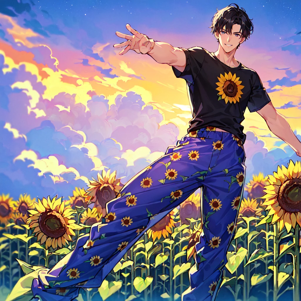masterpiece,best quality,high quality,(1 male austere handsome solo adult age 30 years old:1.5), purple eyes, cool with suspended eyes, V-shaped eyebrows, body strong and fearless 8.5 head tall, height 185cm, (well-groomed black short hair down to neck:1.4), (bangs 7 thirds parted:1.4), slender nose, facial muscles, throat, (tee shirt with sunflower print summer fashion pants:1.3), (arms outstretched), (stylish pose), (cool smile:1.3), (background sunflower flower field:1.3), (night sky:1.3)