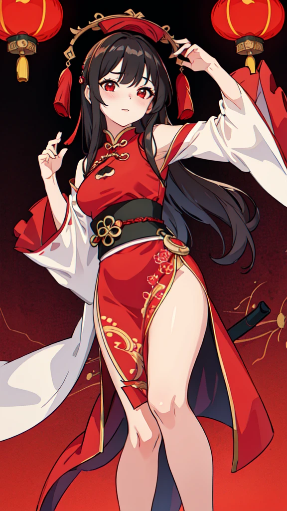 8k, Masterpiece Best Quality, Women, man, (soft shape), Perfect face, hanfu dress, sexy, fascinating, fine fabric chinese dress, tower, red lantern tower,