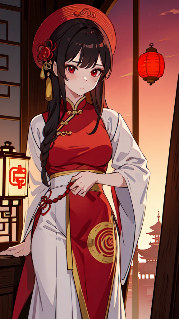 8k, Masterpiece Best Quality, Women, man, (soft shape), Perfect face, hanfu dress, sexy, fascinating, fine fabric chinese dress, tower, red lantern tower,