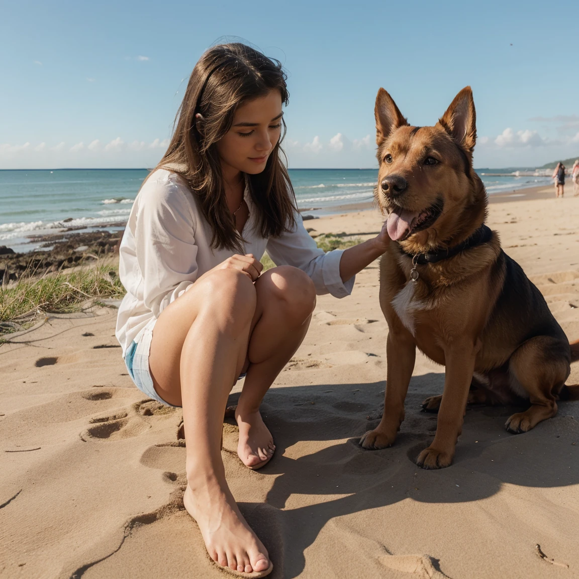 Lucie petting a dog by the beach