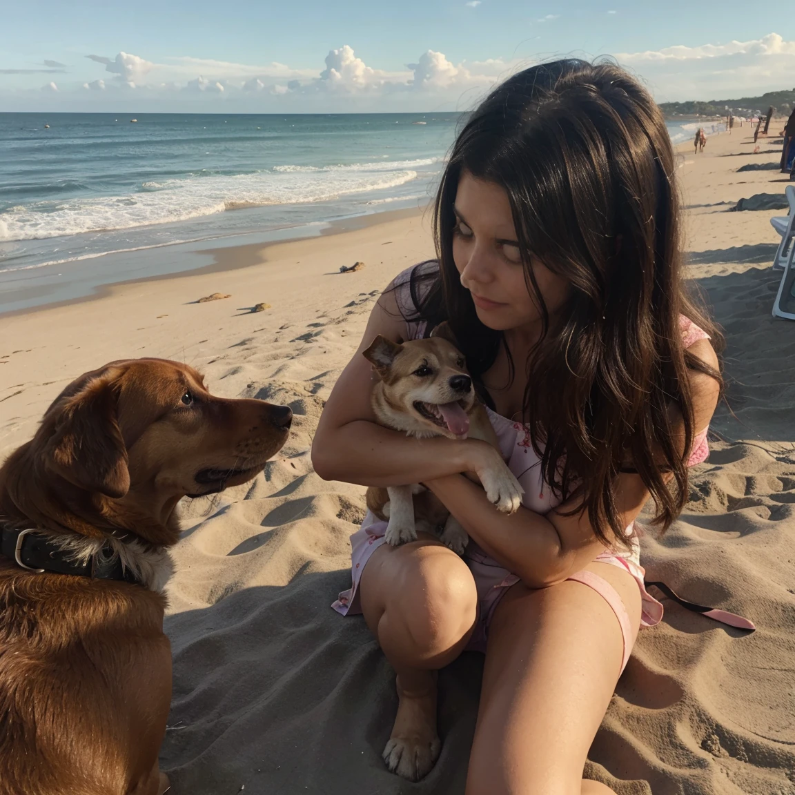 Lucie petting a dog by the beach