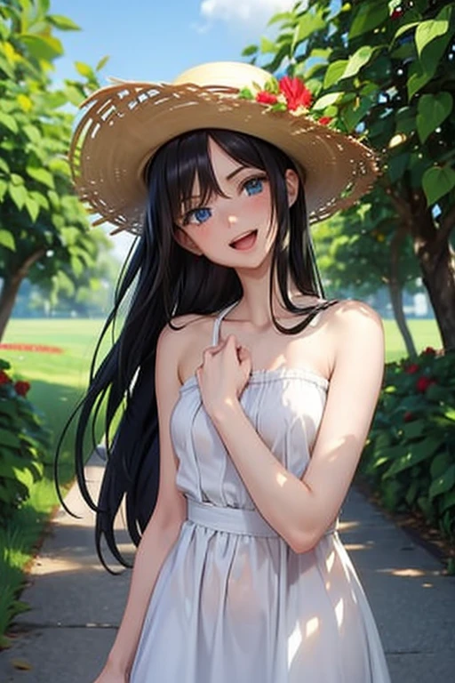 ((Highest quality)), ((masterpiece)), (detailed), One girl，Sexly，teen, long hair，black hair, Red cheeks，blue eyes，Looking younger than your age，sweat，White dress，Straw hat，open mouth, Flower Field，smile，Close eyes