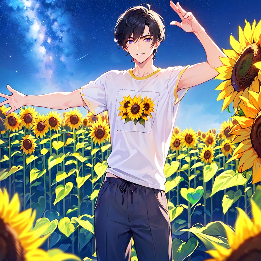 masterpiece,best quality,high quality,(1 male austere handsome solo adult age 30 years old:1.5), purple eyes, cool with suspended eyes, V-shaped eyebrows, body strong and fearless 8.5 head tall, height 185cm, (well-groomed black short hair down to neck:1.4), (bangs 7 thirds parted:1.4), slender nose, facial muscles, throat, (tee shirt with sunflower print summer fashion pants:1.3), (arms outstretched), (stylish pose), (cool smile:1.3), (background sunflower flower field:1.3), (night sky:1.3)