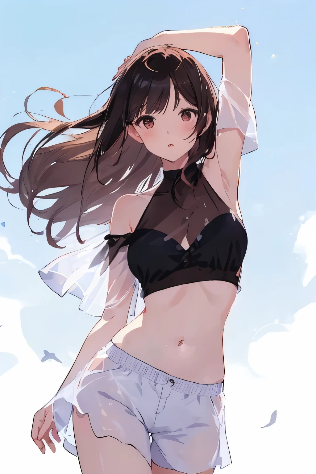 best quality, masterpiece, (独奏:1.2), (1 Female:1.2)、Age 25、Larger breasts、(Slender figure)、(Thighs)、(side)、belly button、(Stretch)、(See-through clothing:1.2)、Off-the-shoulder tops、(White shorts:1.2)、Summer clothes、(White highlight in pupil:1.2)、Reddish brown eyes、(Black-haired:1.2)、(Long Hair)、(View your viewers:1.2)、White skin、(blush)、(Lively expression)、(I blur the background a lot to make the woman stand out.:1.3)、(Abstract style background)、(Wind-feeling background)、blue sky