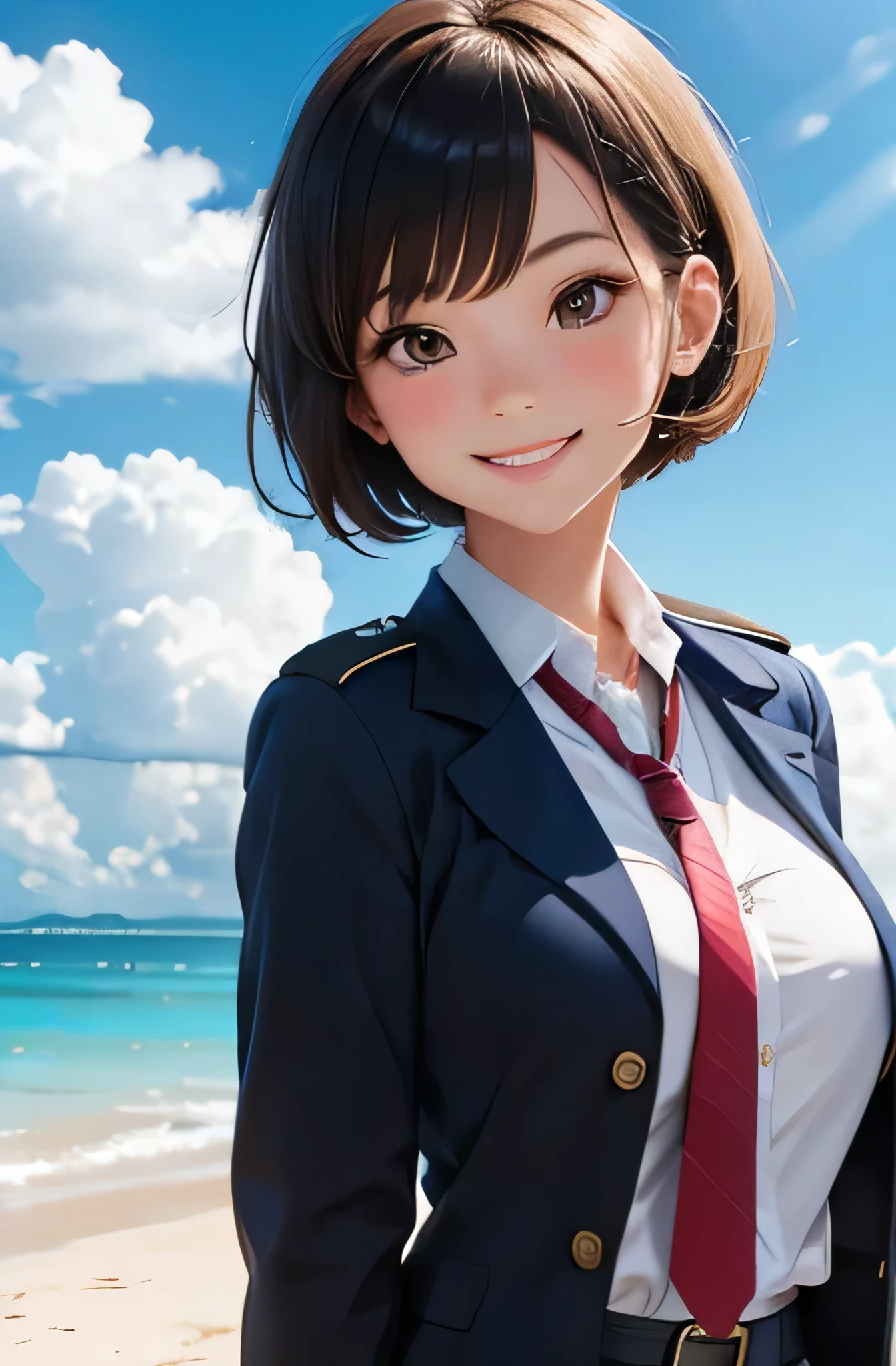 Flight attendant girl,summer,short hair,smile,uniform,Standing,Down to the feet,8K, Highest quality, masterpiece