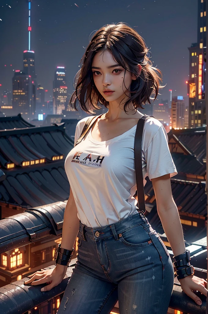 ((Midnight, Best quality, 8k, Masterpiece :1.3)), Whole body, Long legs, Sharp focus :1.2, A pretty woman with perfect figure :1.4, Slender abs :1.1, ((Dark brown hair, :1.2)), (White tight tshirt, Jean bib, Standing:1.2), ((Night city view, Rooftop:1.3)), Highly detailed face and skin texture, Detailed eyes, Double eyelid