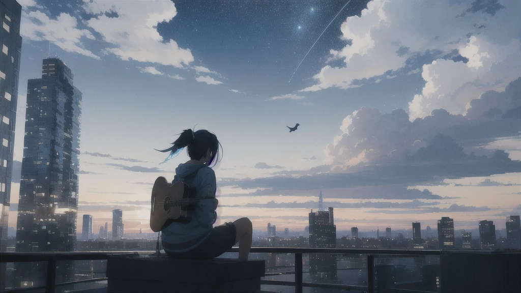 evening,暗いnight空,Octane, star (null), scenery, Blue parakeet,Acoustic guitar,star, night, One Girl, Back view,night, alone, Outdoor, Blue parakeet,building, cloud, milky way, Sitting,city, silhouette