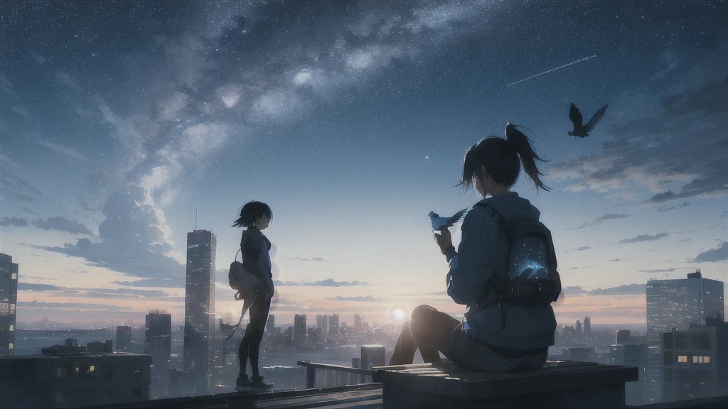 evening,暗いnight空,Octane, star (null), scenery, Blue parakeet,Acoustic guitar,star, night, One Girl, Back view,night, alone, Outdoor, Blue parakeet,building, cloud, milky way, Sitting,city, silhouette