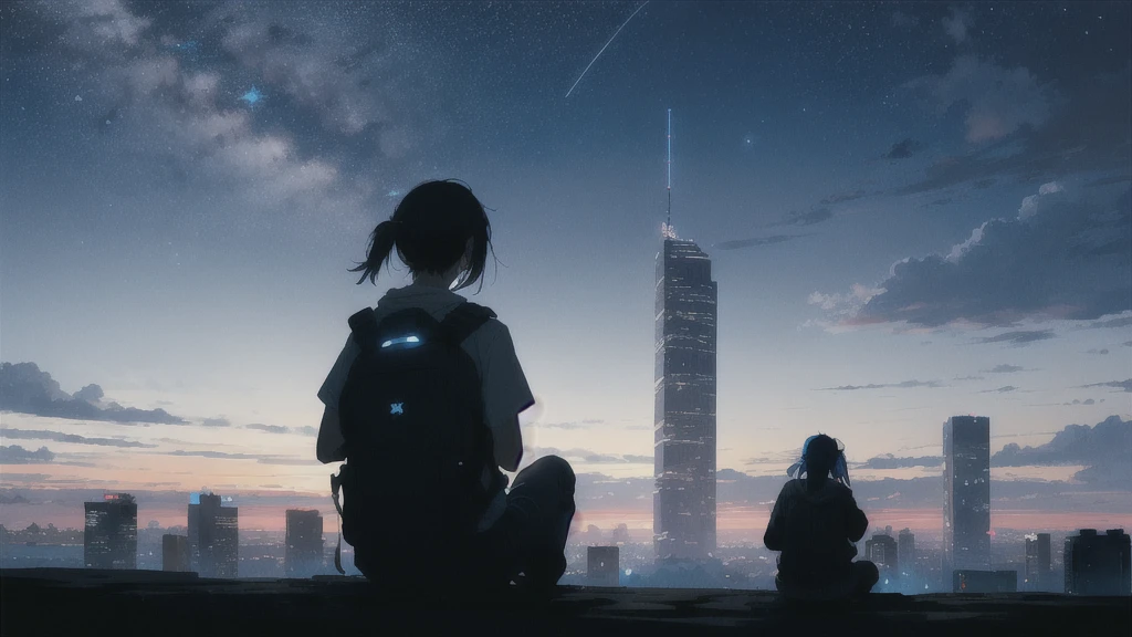 evening,暗いnight空,Octane, star (null), scenery, Blue parakeet,Acoustic guitar,star, night, One Girl, Back view,night, alone, Outdoor, Blue parakeet,building, cloud, milky way, Sitting,city, silhouette