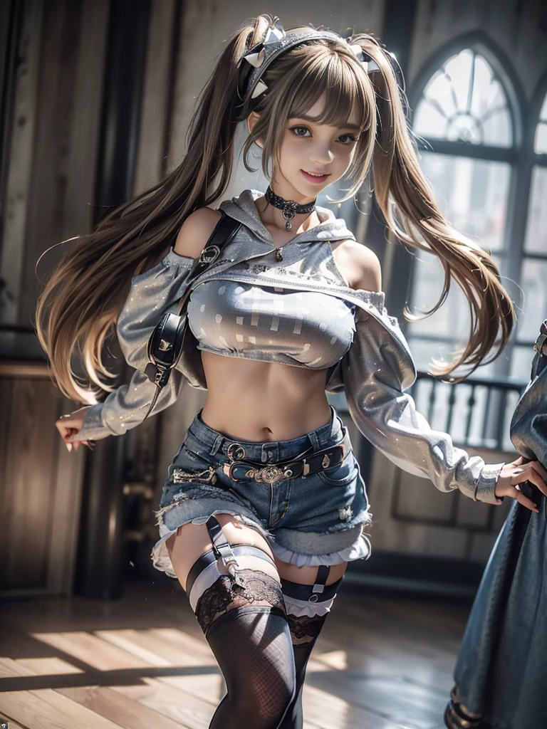 (Full Body View:1.3)、(Beautiful lips and nose:1.4)、(Side view:1.1)、(Smiling with teeth showing:1.3),(Fashion Model:1.5)、(Gothic Lolita delicately decorated battle uniform:1.5)、(White off-shoulder hoodie:1.5)、(Denim, silver and white shorts:1.4)、(denim garter belt:1.5)、(Black and denim knee socks:1.3)、(Skull Silver Accessories:1.5)、(Lace collar:1.3)、(Brown Skin Belt:1.4)、(Brown boots:1.2)、(Underwear has polka dots:1.4)、23 years old、((Highest quality、In 8K、masterpiece:1.3))、Sharp focus:1.2、(Layered Cut、Huge boobs:1.1),Beautiful woman with perfect figure:1.4、(Dancing vigorously:1.3)、Slender Abs:1.2、Highly detailed face and skin texture、Detailed eyes、double eyelid,(Twin tails:1.3)、(Brown-golden hair:1.3)、Gravure idol、(The background is a luxurious dance hall.:1.3)、(Slim body:1.2),(Make your legs thinner:1.4),(clavicle:1.1)