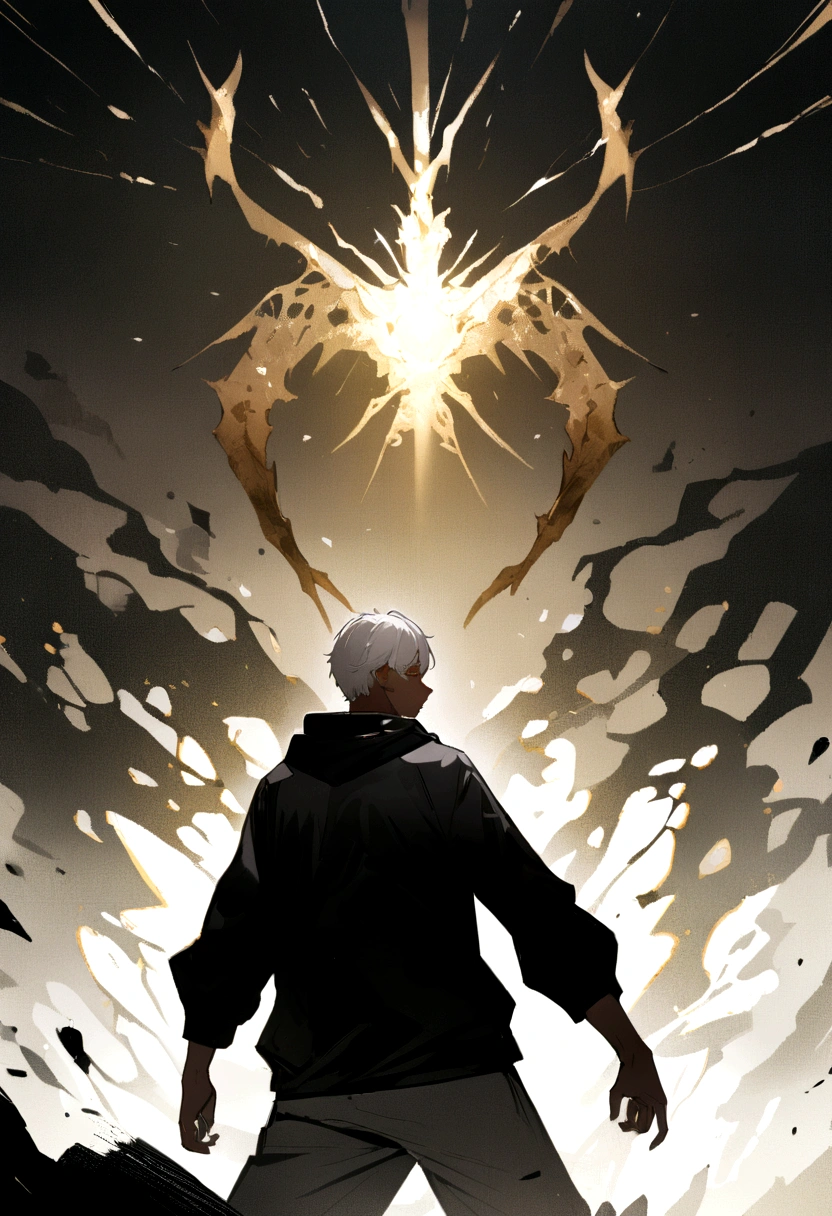 (best qualityer,4K,8K,high resolution,work of art:1.2),ultra detali, dragon pupils,1 men, dark skin color, multicolored black and white hair, yellow and black eyes, white shirt, wearing a black hoodie, yellow and black eyes, illustration,gritty texture,detailed back ground,heavy shadows,bright coloured,dynamic lighting,sharp focus,emotionally expressive,action pose,dramatic perspective,conceptual artists,black and white tone,hight contrast,bokeh