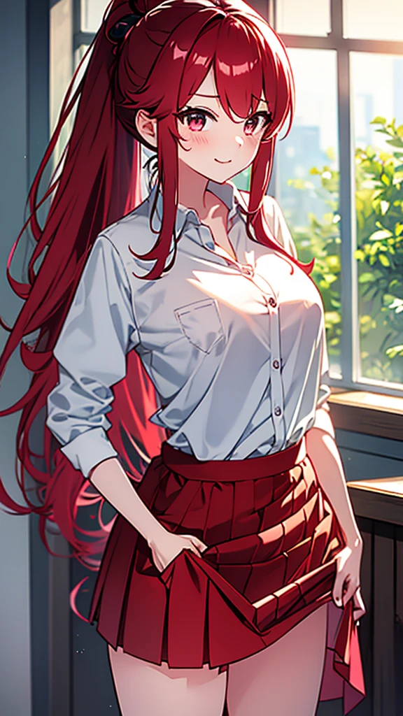 high tail hairstyle, Ponytail hairstyle, Long wavy black hair, standing posing, anime girl style, pixel art anime style,penetrating look with deep eyes,red and purple eyes, hair with a ponytail hairstyle trapped with a big red bun, Women, red hair clips, x color shaped hair clips , short white shirt, smooth receptionist miniskirt, smiling face blush, standing in his bedroom, next to his bed, receptionist clothes, lifting her skirt, grabbing her skirt with her hands to lift it up, letting her look at her underwear. 