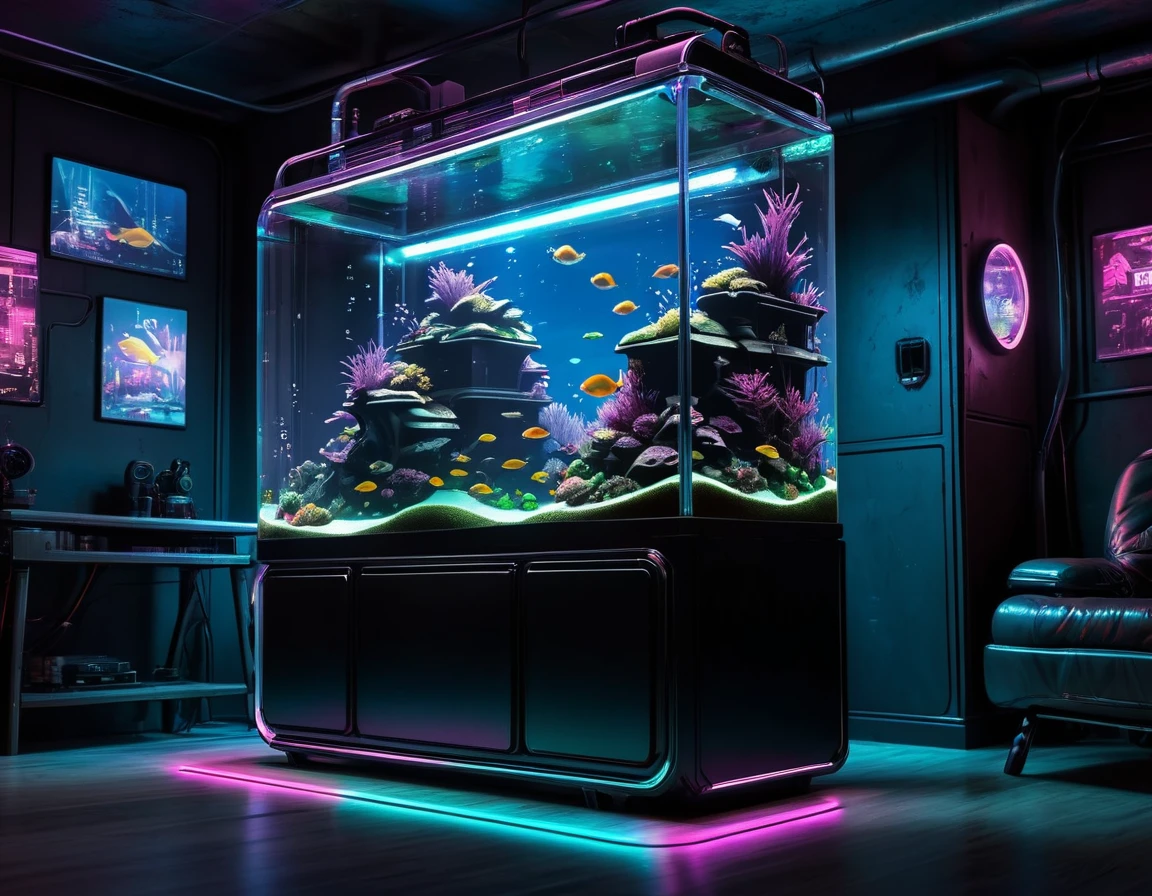 Cyberpunk cyberpunk style fish tank，Cylindrical，Transparent glass，light，The background is a network city, （masterpiece），（best quality），（Best details）