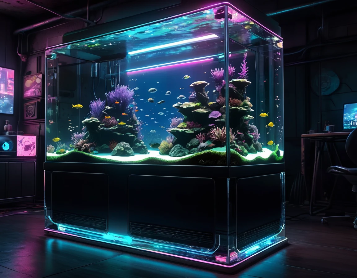 Cyberpunk cyberpunk style fish tank,Cylindrical,Transparent glass,light,The background is a network city, (masterpiece),(best quality),(Best details)