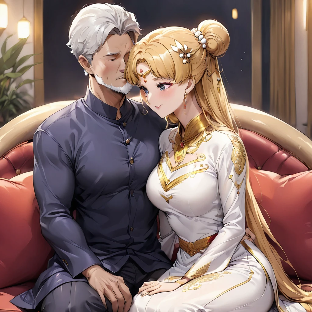 ((Highest quality)), ((masterpiece)), (detailed), （Perfect Face）、The woman is a Vietnamese woman named Tsukino Usagi, wearing a gorgeous and glittering ao dai, a traditional Vietnamese dress with gold embroidery, a gorgeous hair ornament, gorgeous jeweled accessories and an engagement ring. The man and woman are sitting on a gorgeous, large sofa in a luxurious room, and the woman is embracing and kissing the dignified and bearded middle-aged Vietnamese man wearing a Vietnamese national dress, making love.、The woman is the elegant Tsukino Usagi, a Vietnamese girl with long blonde hair in a chignon twin tail and wearing an ao dai.、The man is a dignified, muscular, bearded, middle-aged Vietnamese man wearing Vietnamese national dress.