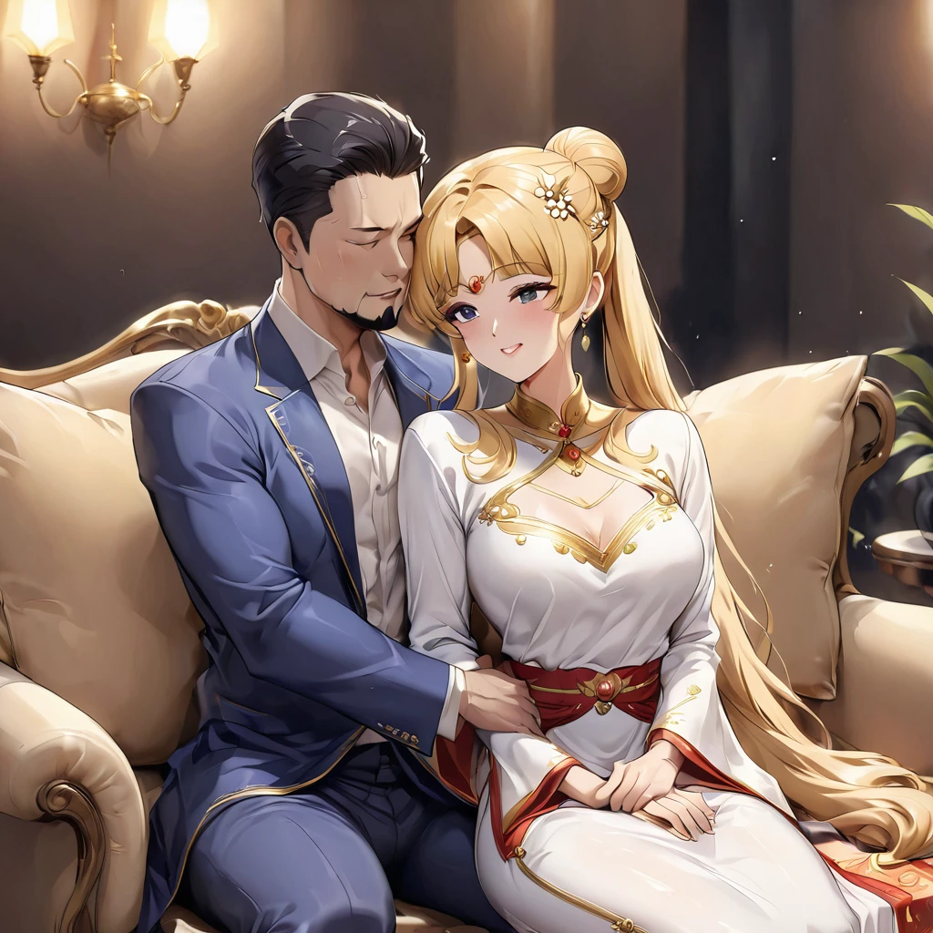 ((Highest quality)), ((masterpiece)), (detailed), (Perfect Face)、The woman is a Vietnamese woman named Tsukino Usagi, wearing a gorgeous and glittering ao dai, a traditional Vietnamese dress with gold embroidery, a gorgeous hair ornament, gorgeous jeweled accessories and an engagement ring. The man and woman are sitting on a gorgeous, large sofa in a luxurious room, and the woman is embracing and kissing the dignified and bearded middle-aged Vietnamese man wearing a Vietnamese national dress, making love.、The woman is the elegant Tsukino Usagi, a Vietnamese girl with long blonde hair in a chignon twin tail and wearing an ao dai.、The man is a dignified, muscular, bearded, middle-aged Vietnamese man wearing Vietnamese national dress.