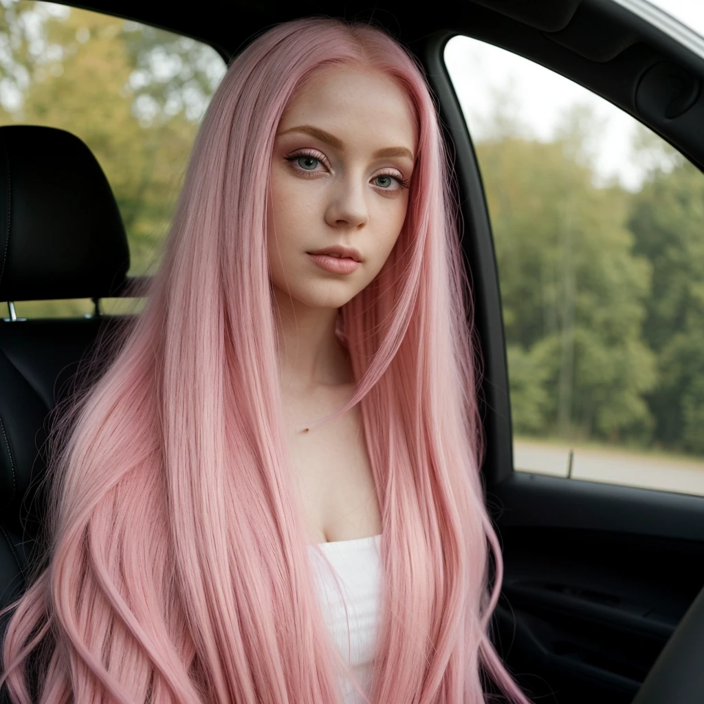 Woman with long pink hair sitting in a car, longos pink hair and big eyes, extremely beautiful face, pale skin curly pink hair, longos pink hair and big eyes, very pretty face, beautiful girl, one with pink hair, pink hair and big eyes, beautiful young model, Perfect face ), beautiful delicate face, pale, shiny skin, with long pink hair, pink hair