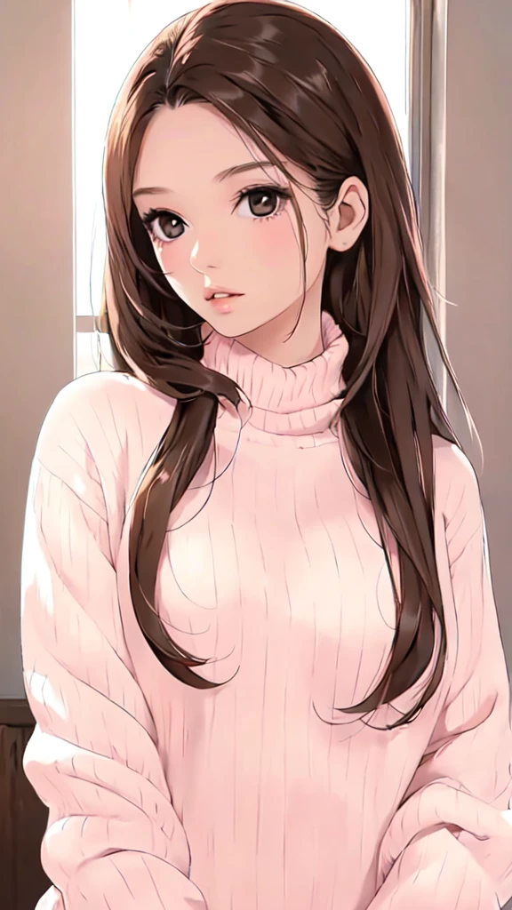 Girl, long brown hair, brown eyes, sharp features, white skin, pink lips, perfect, sweater